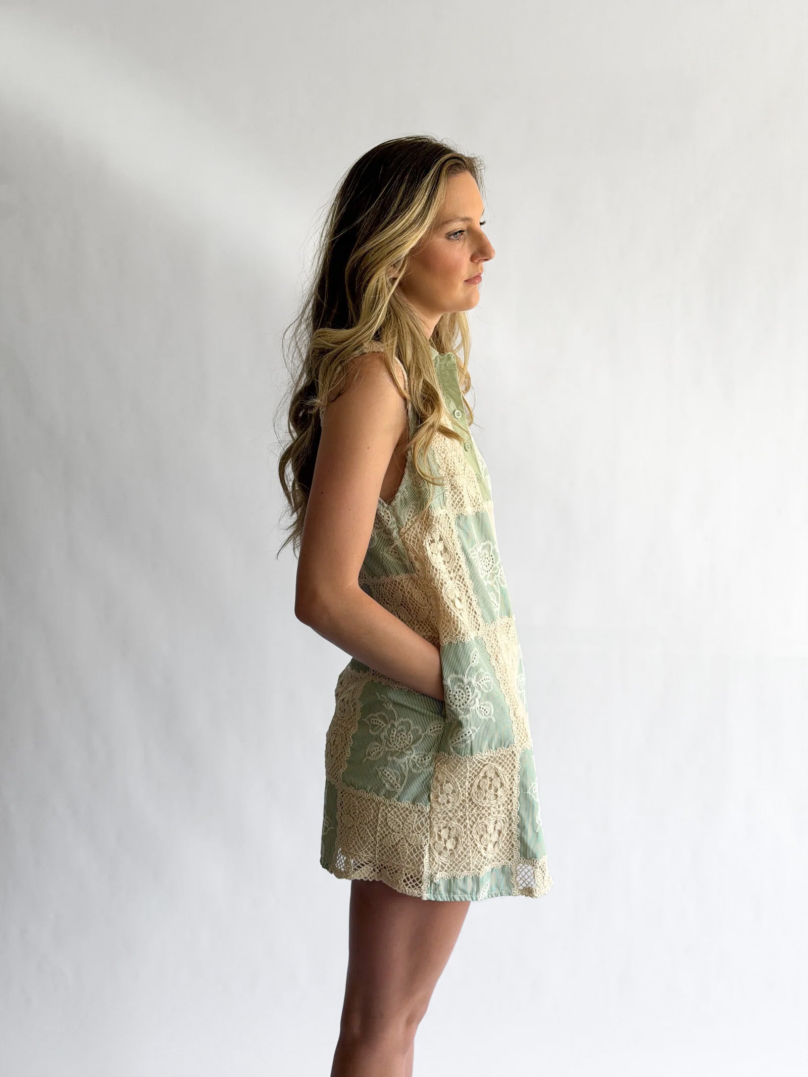 Maisy Sage Crochet Patchwork Collared Mini Dress