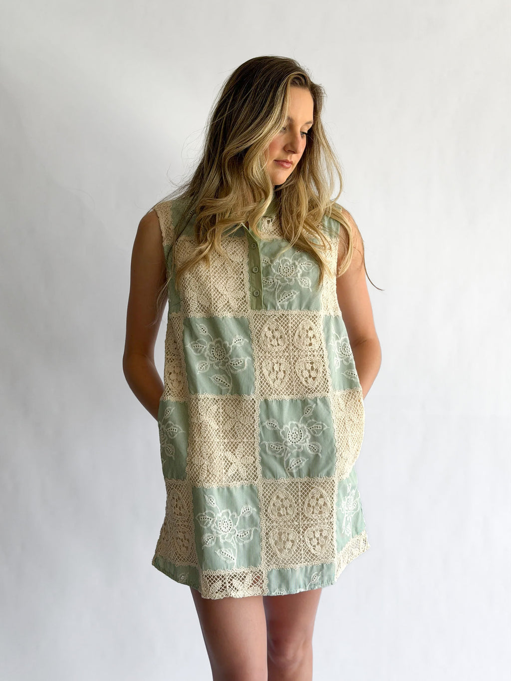 Maisy Sage Crochet Patchwork Collared Mini Dress