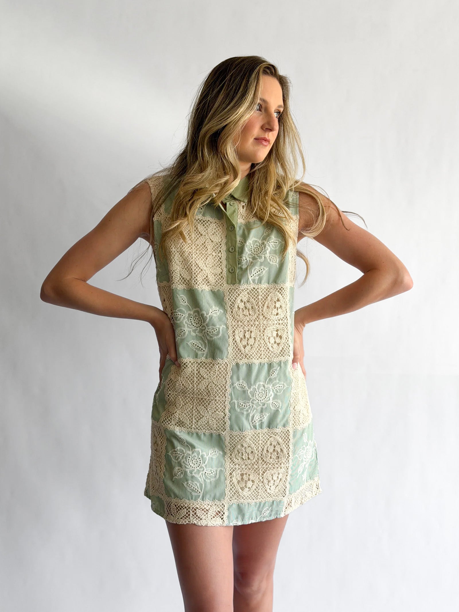 Maisy Sage Crochet Patchwork Collared Mini Dress