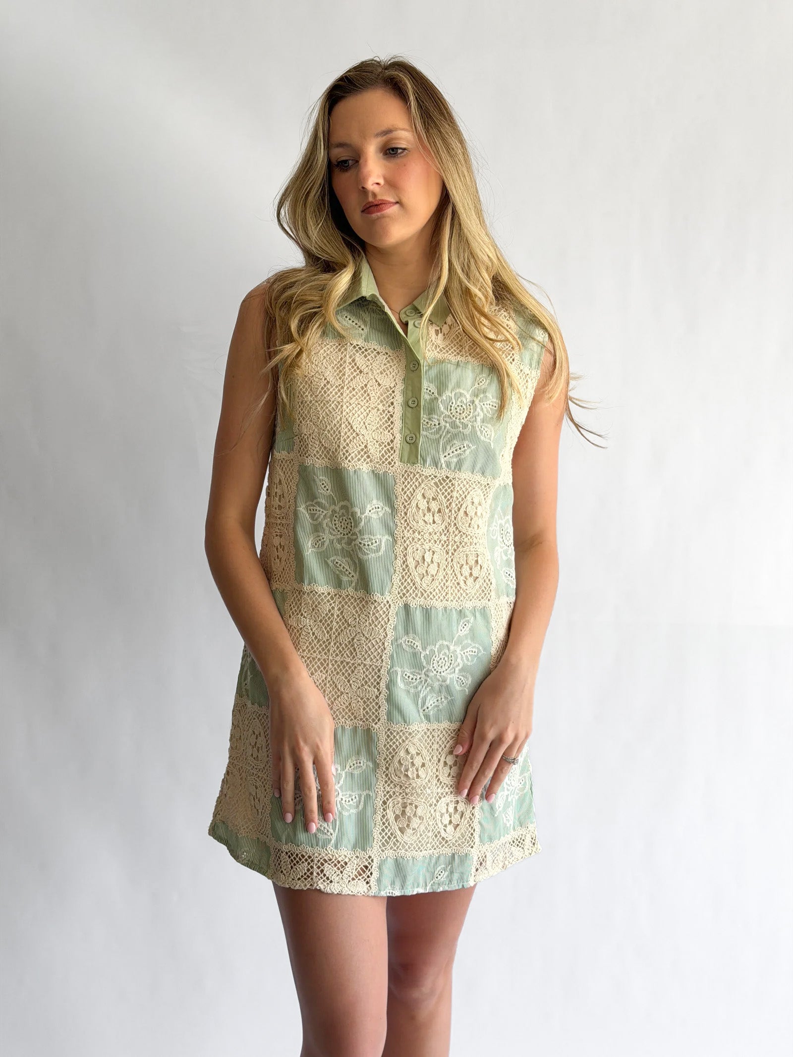 Maisy Sage Crochet Patchwork Collared Mini Dress
