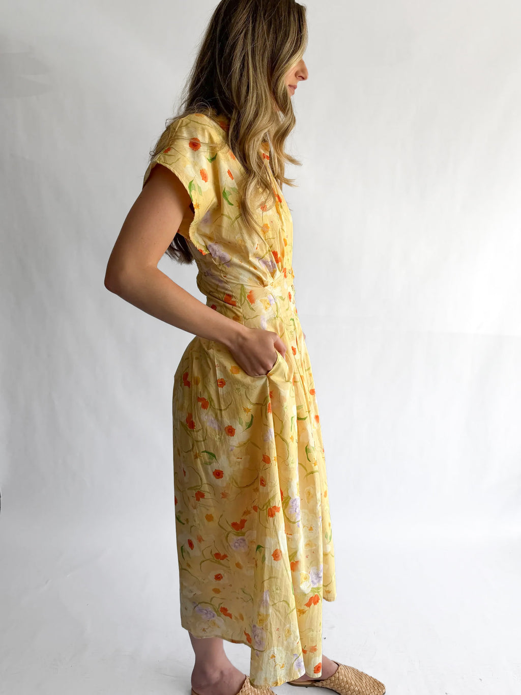 Melody Yellow Floral Pleat Buttoned Midi Dress