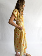 Melody Yellow Floral Pleat Buttoned Midi Dress