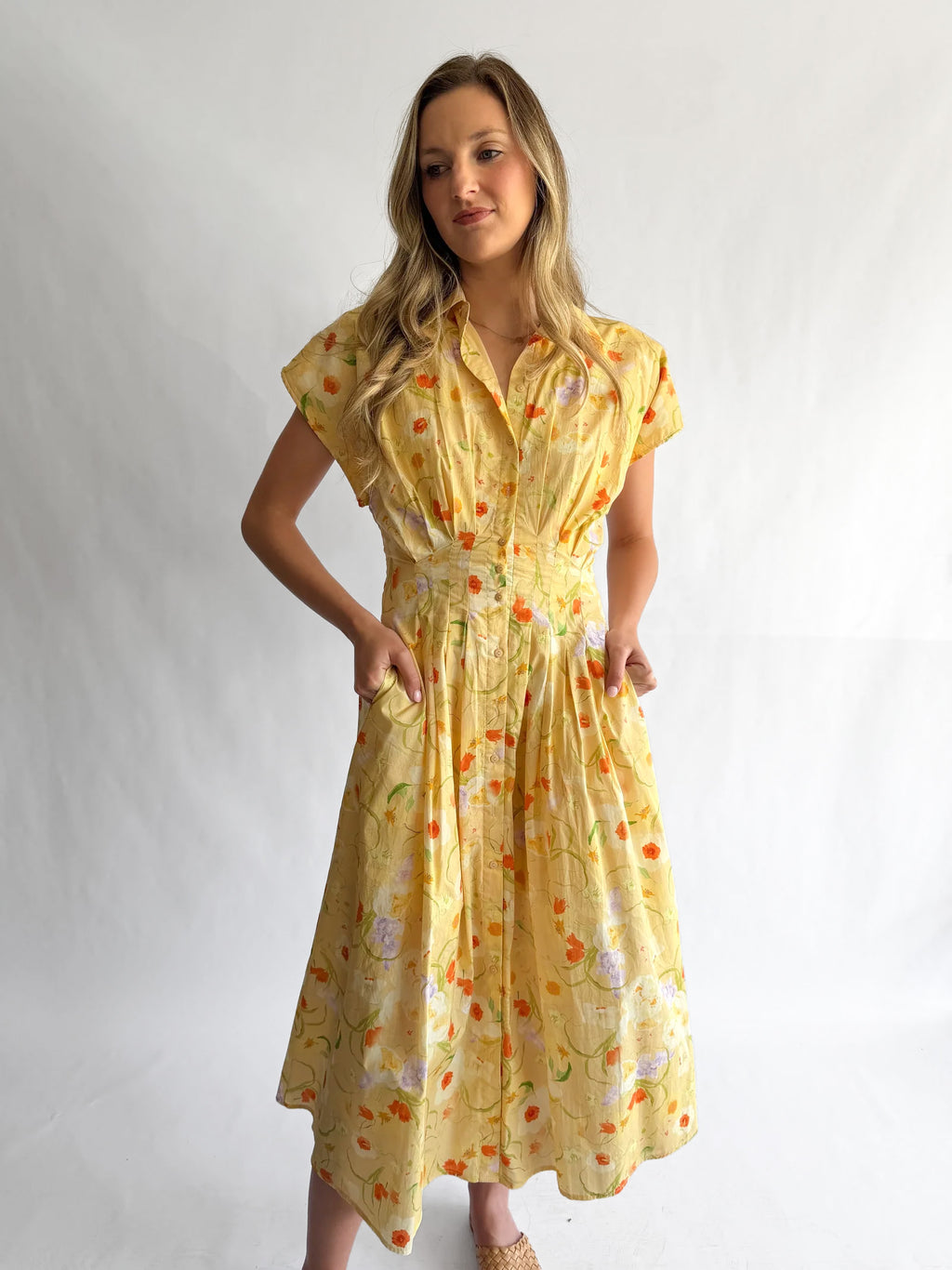 Melody Yellow Floral Pleat Buttoned Midi Dress