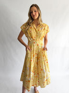 Melody Yellow Floral Pleat Buttoned Midi Dress