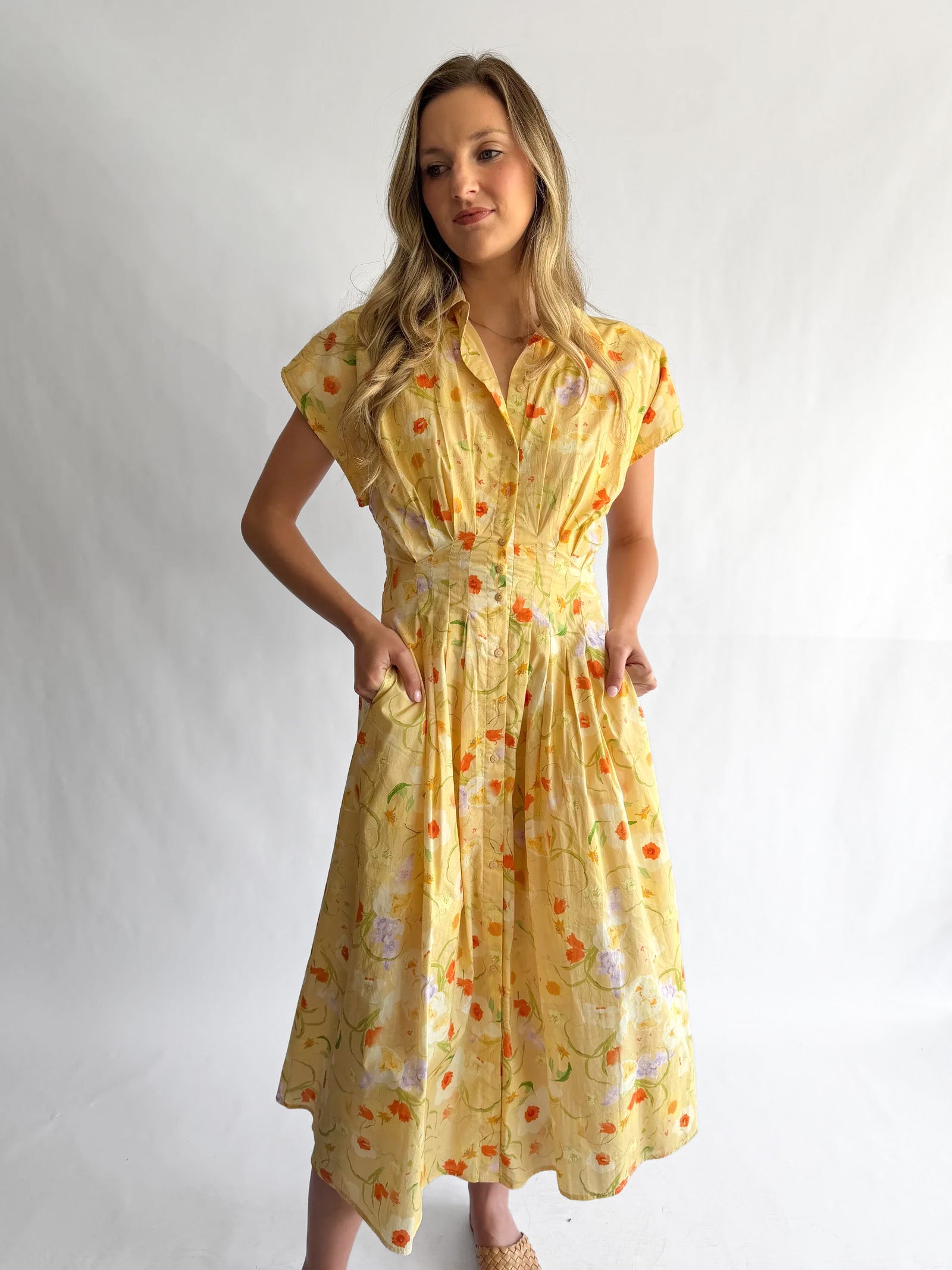 Melody Yellow Floral Pleat Buttoned Midi Dress