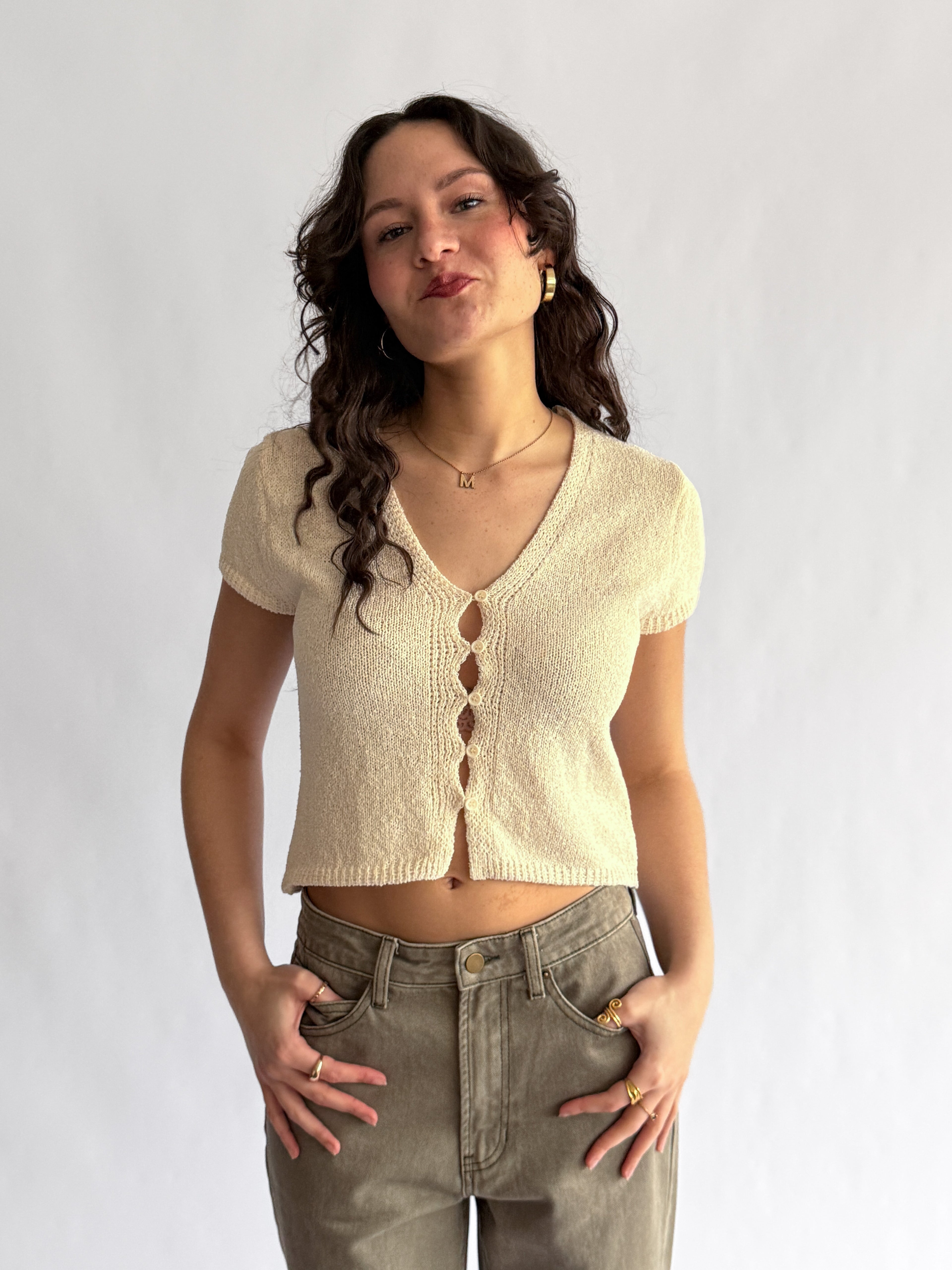 Miou Muse Lucia Cream Cap Sleeve Knit Top