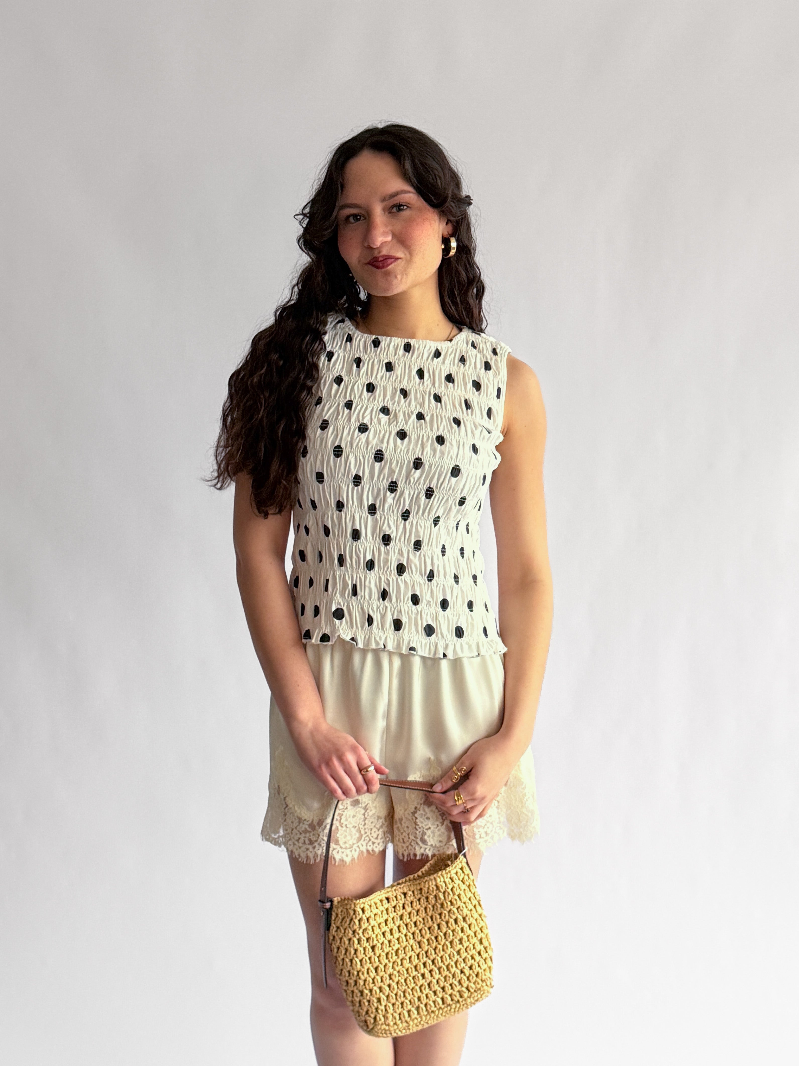 Lottie White and Black Polka Dot Shirred Tank Top