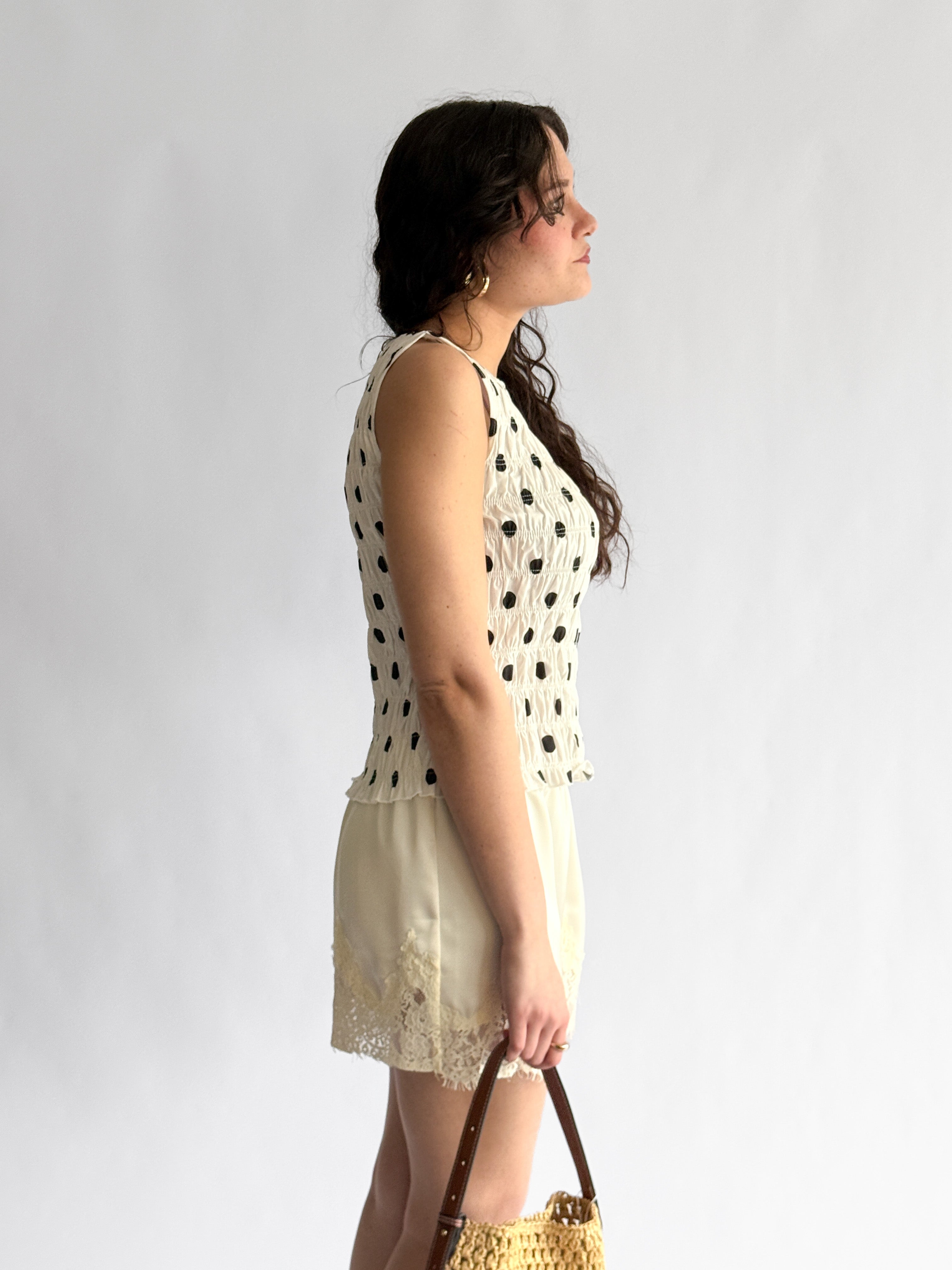 Lottie White and Black Polka Dot Shirred Tank Top