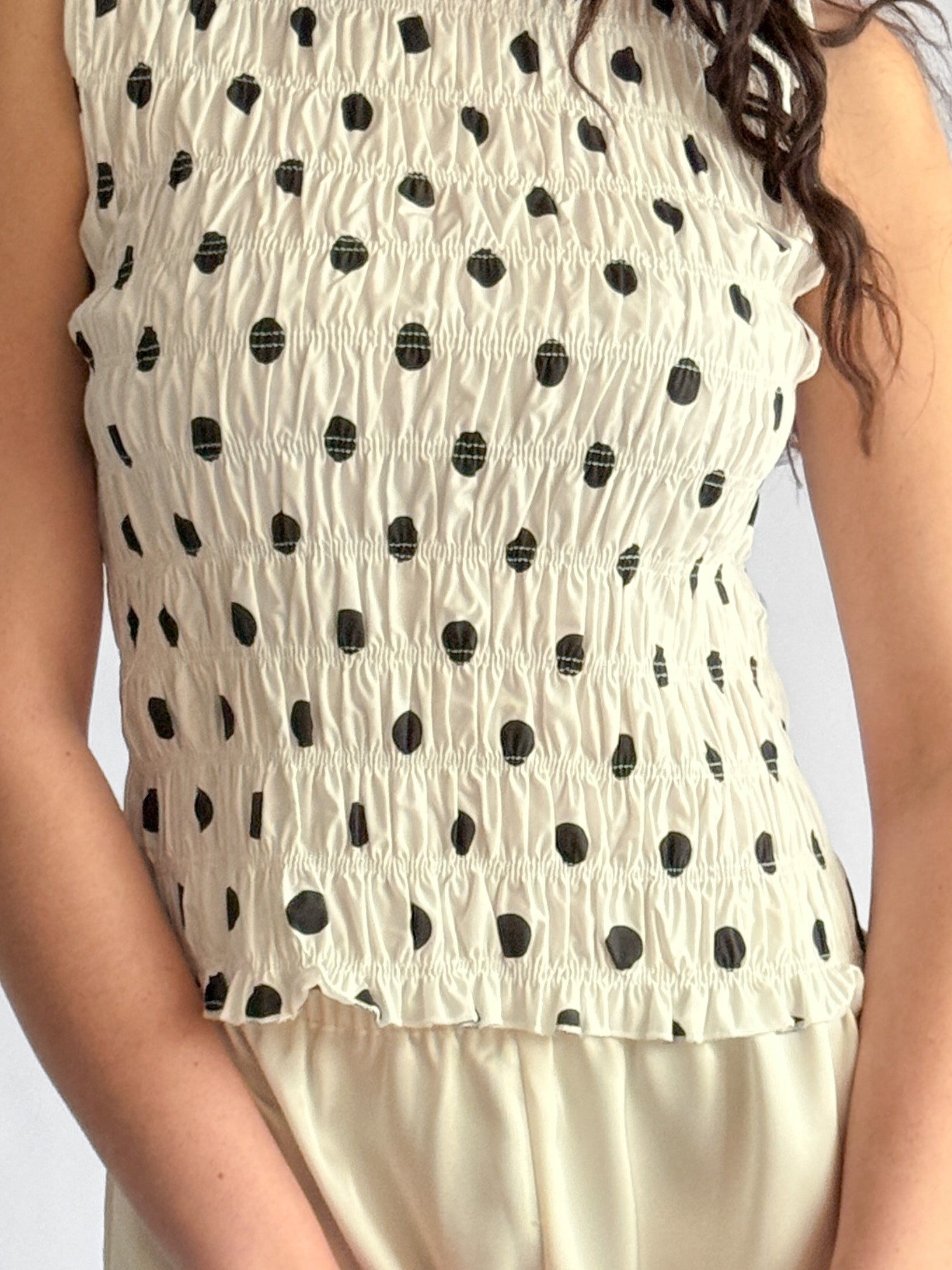 Lottie White and Black Polka Dot Shirred Tank Top