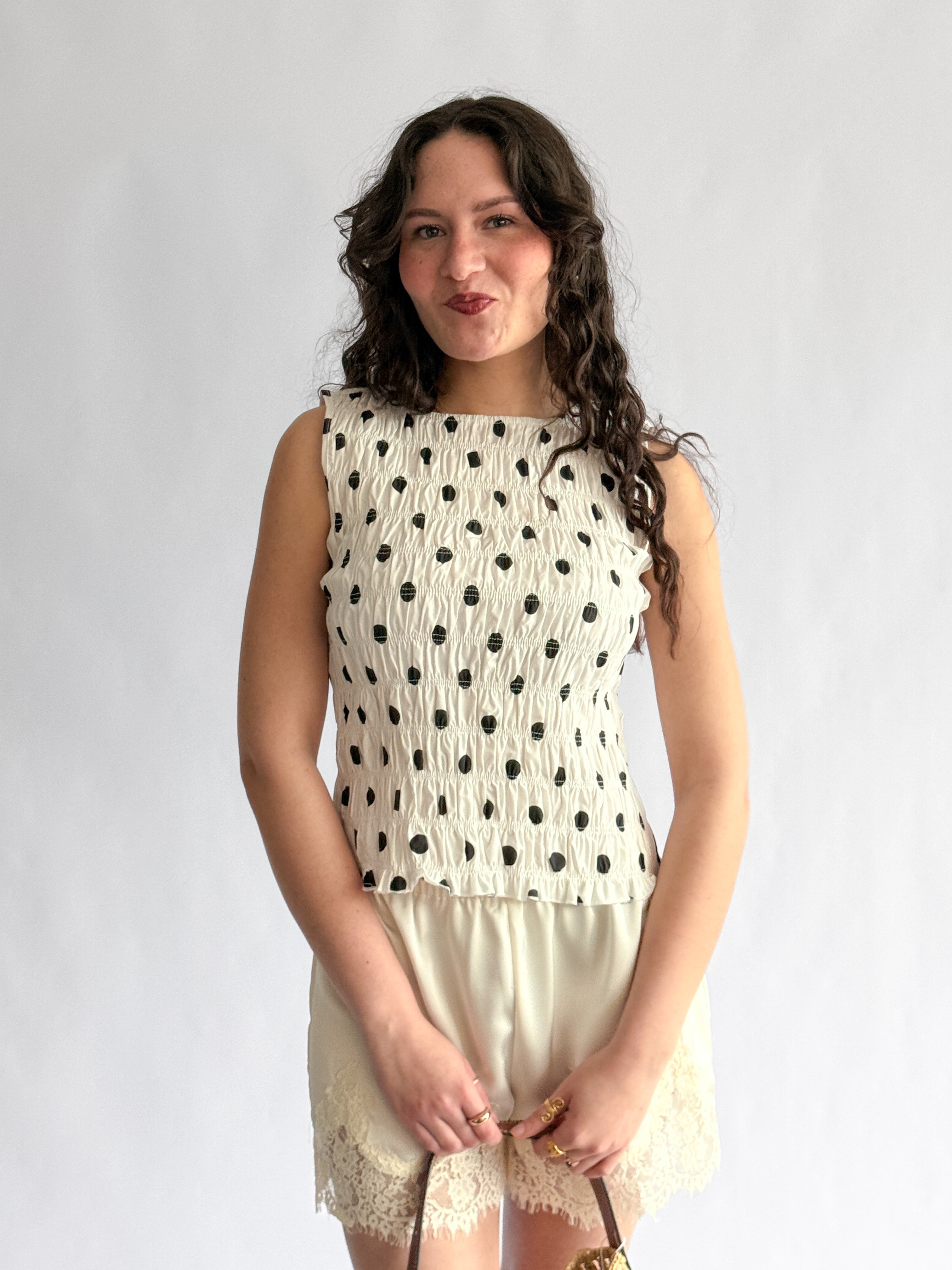 Lottie White and Black Polka Dot Shirred Tank Top