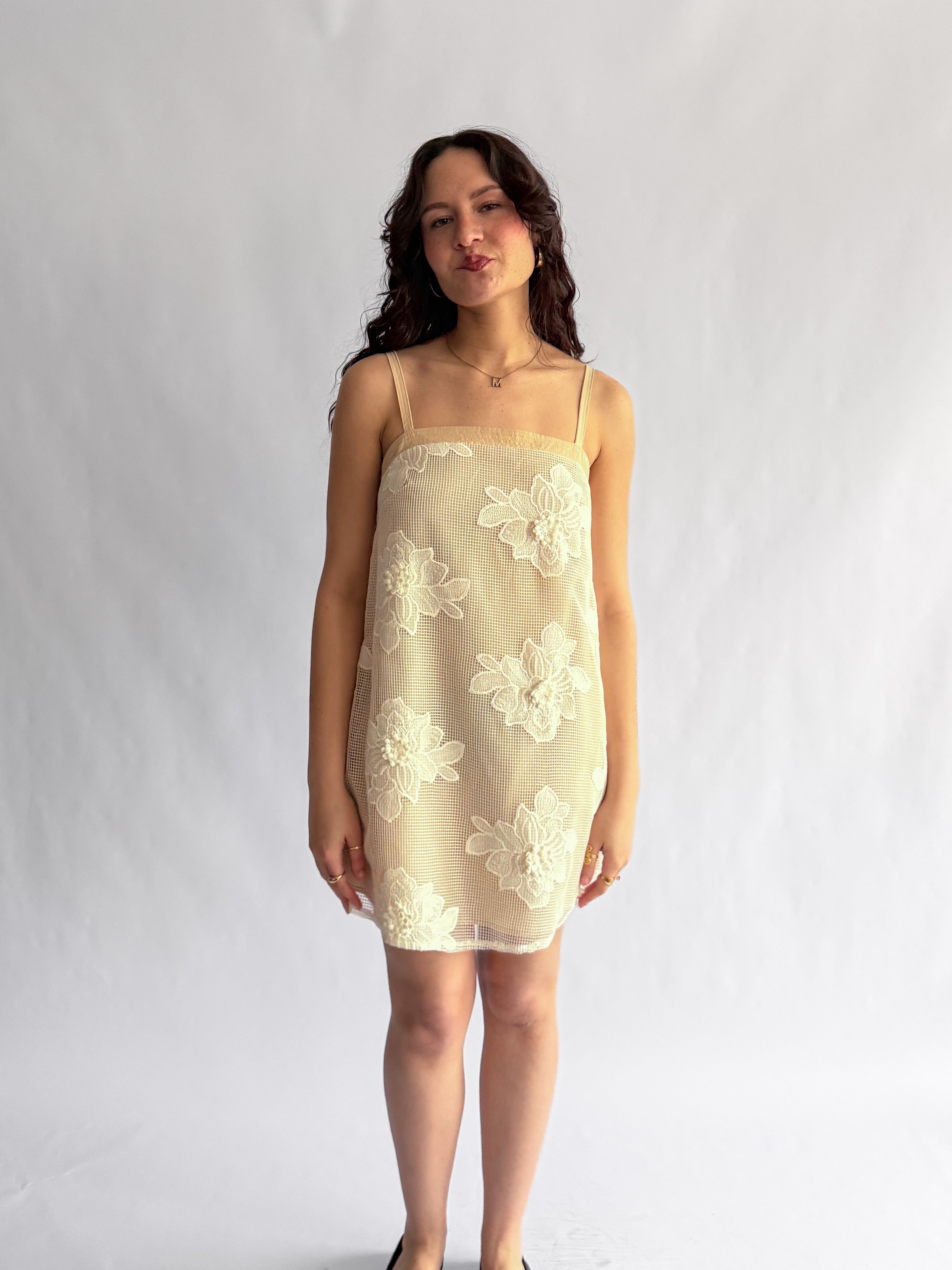 Laura Beige Floral Mesh Texture Sleeveless Mini Dress