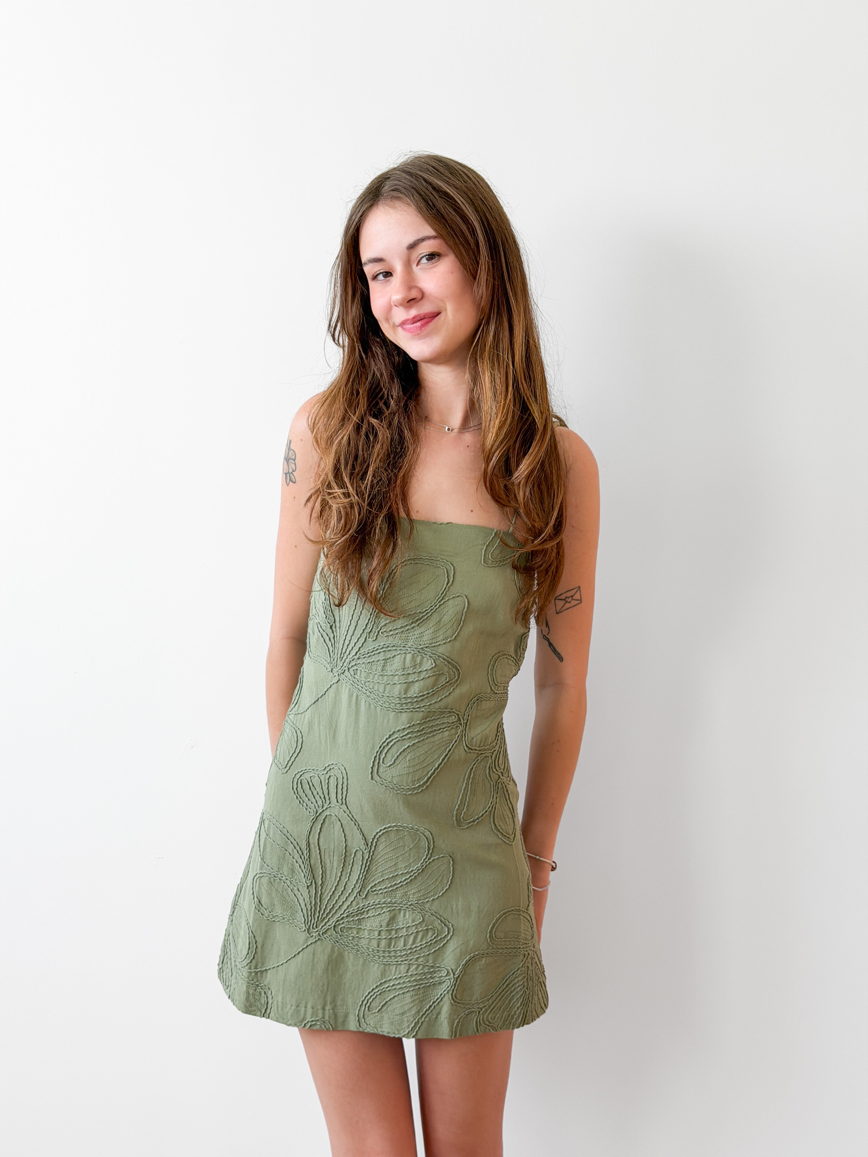 Capri Green Embroidered Spaghetti Tie Strap Mini Dress