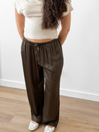 Cleo Olive Green Satin Wide Leg Drawstring Pants