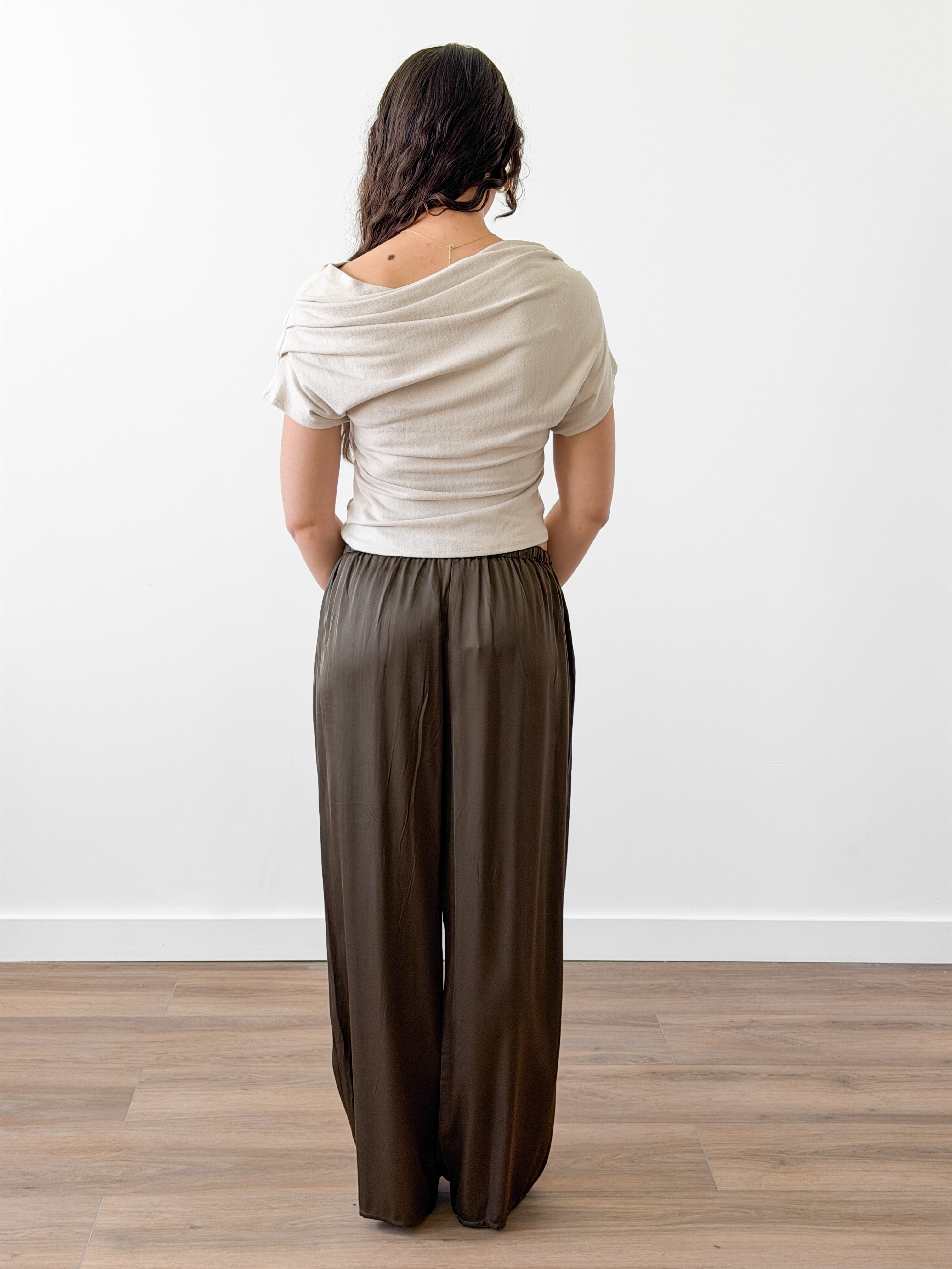 Cleo Olive Green Satin Wide Leg Drawstring Pants