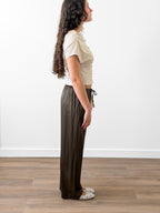 Cleo Olive Green Satin Wide Leg Drawstring Pants