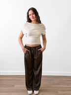 Cleo Olive Green Satin Wide Leg Drawstring Pants