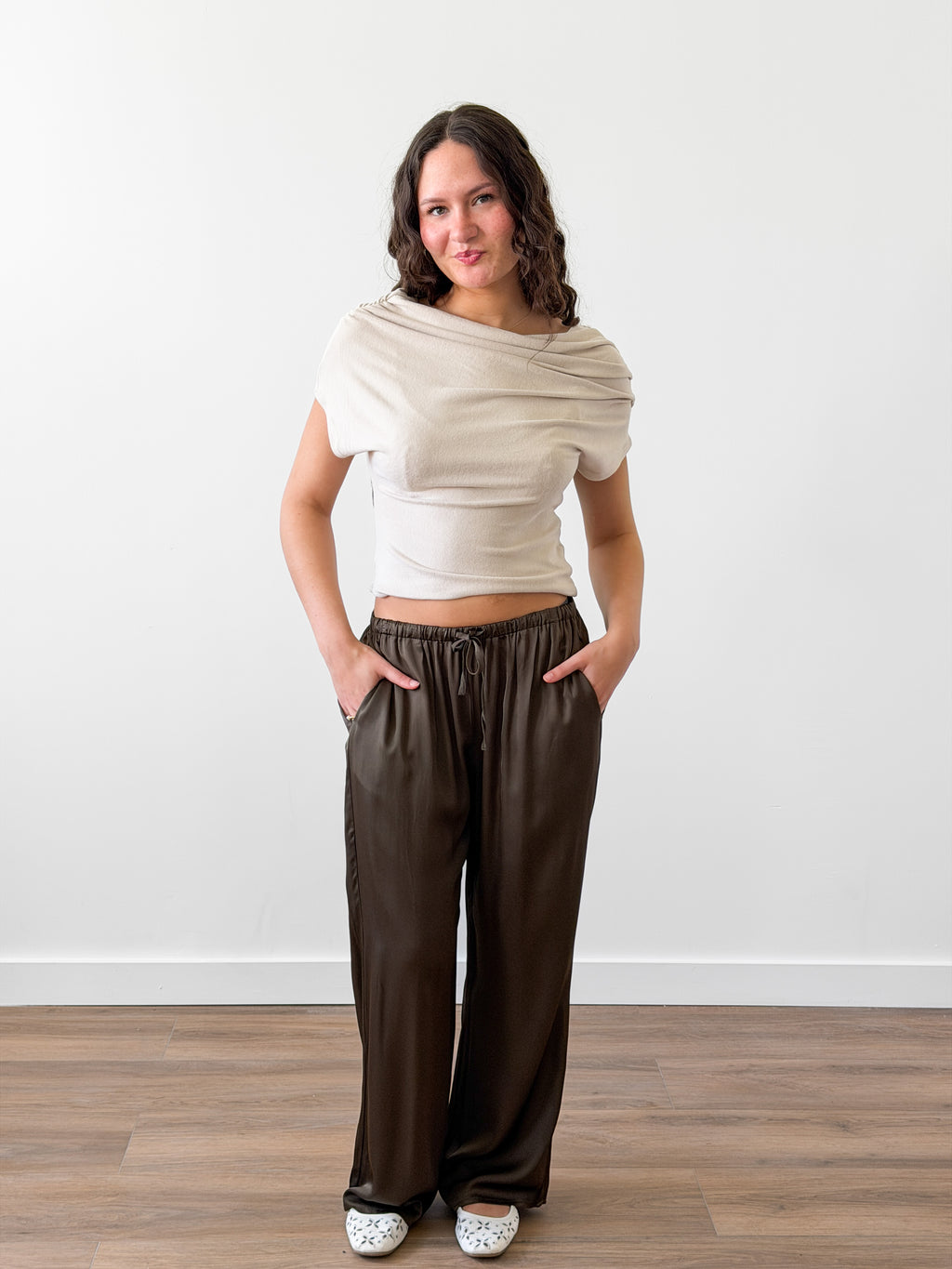 Cleo Olive Green Satin Wide Leg Drawstring Pants