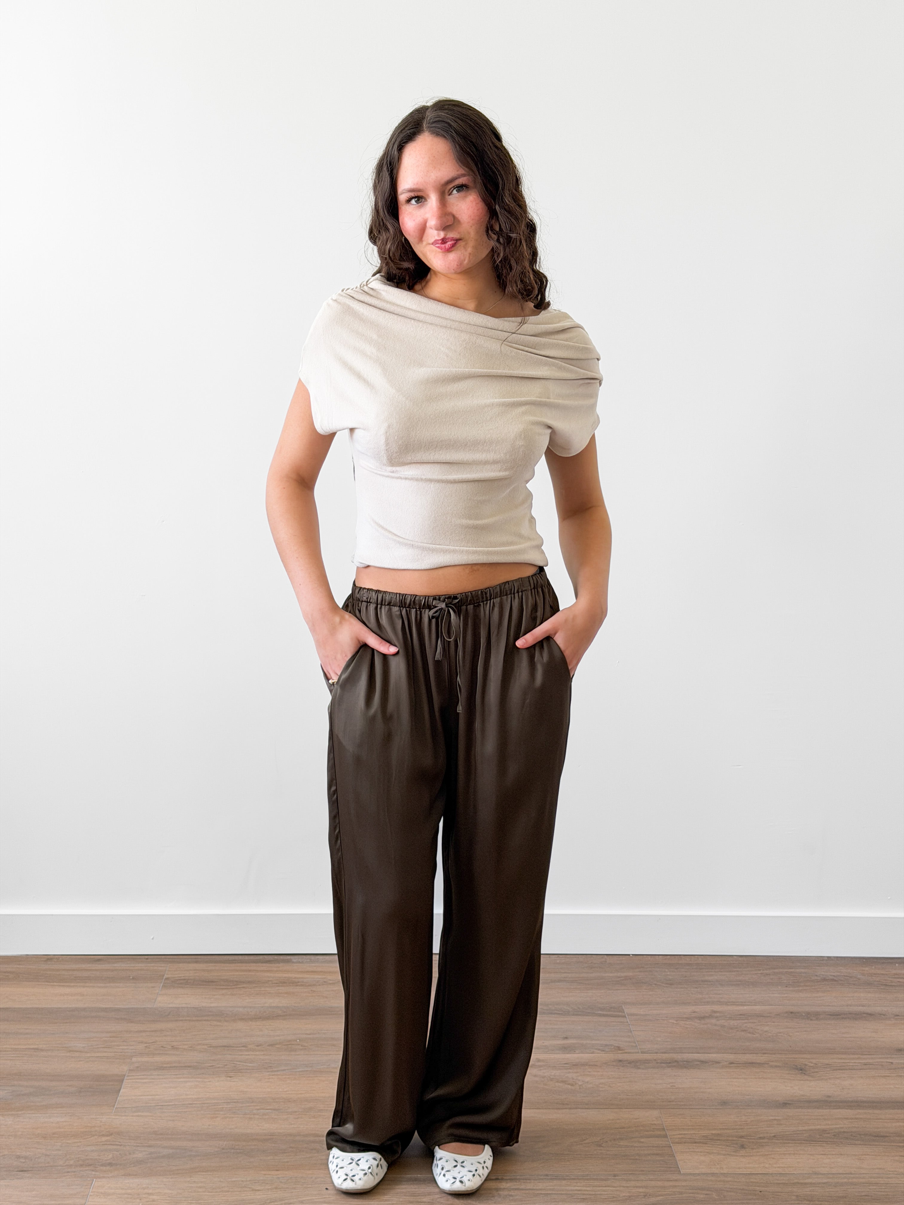 Cleo Olive Green Satin Wide Leg Drawstring Pants
