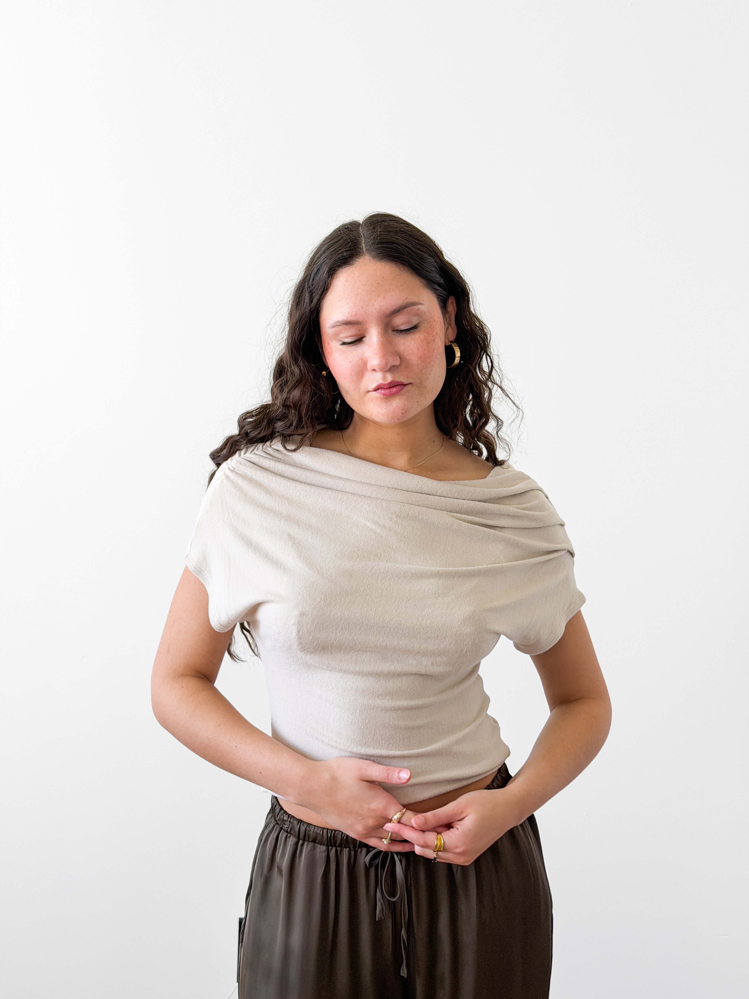 By Together Cassie Cream Off the Shoulder Knit Drape Top