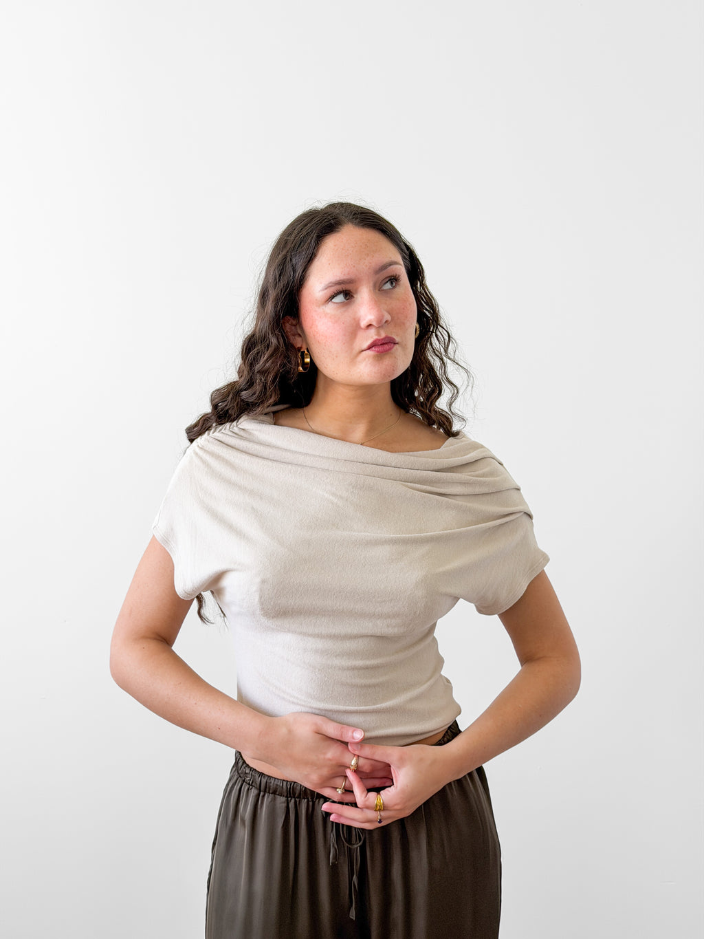 By Together Cassie Cream Off the Shoulder Knit Drape Top