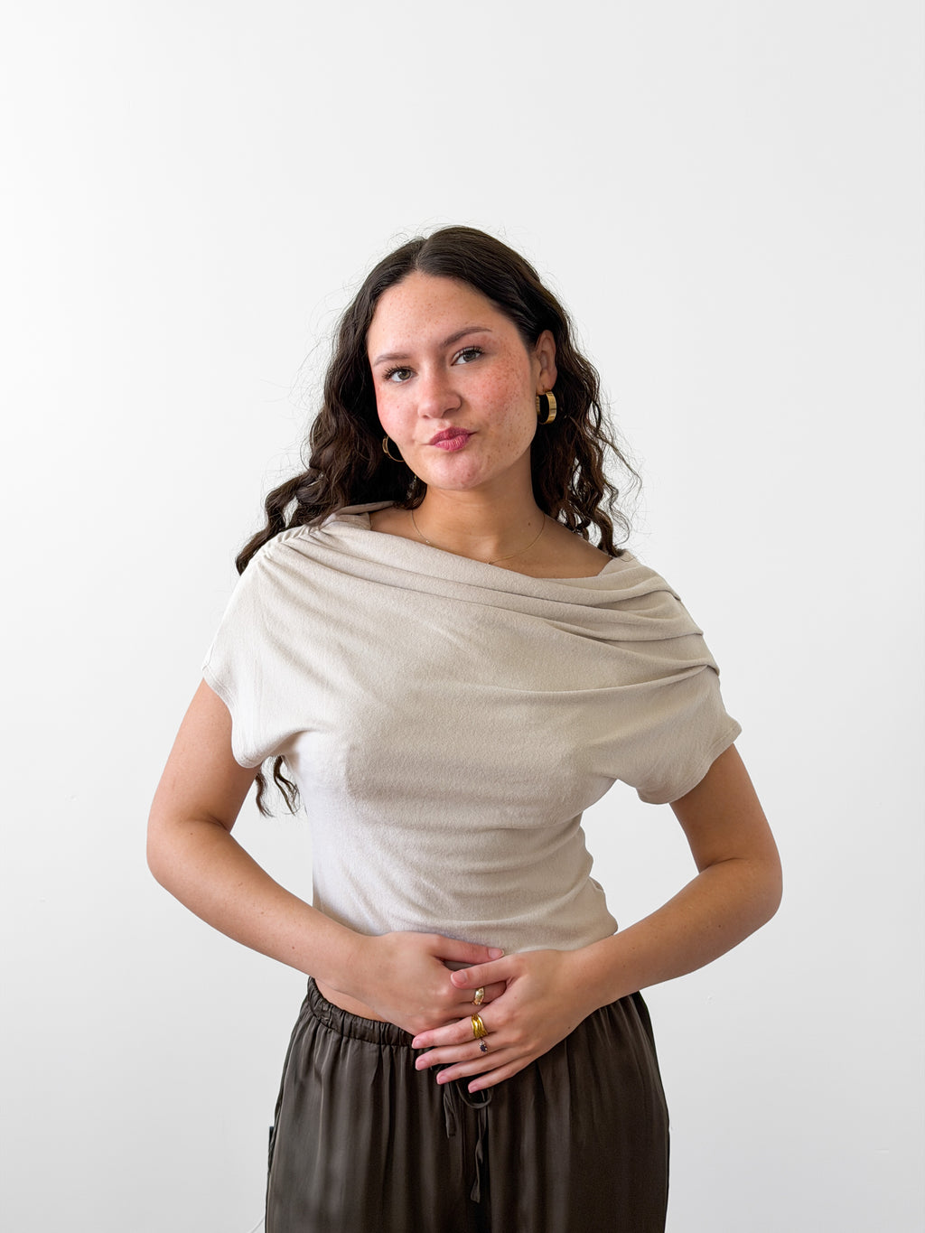 By Together Cassie Cream Off the Shoulder Knit Drape Top