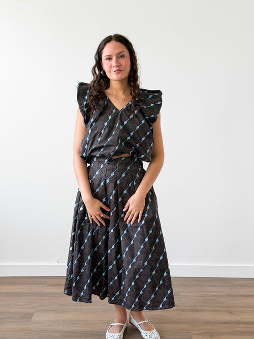 Colby Brown and Blue Print Shirred Midi Skirt