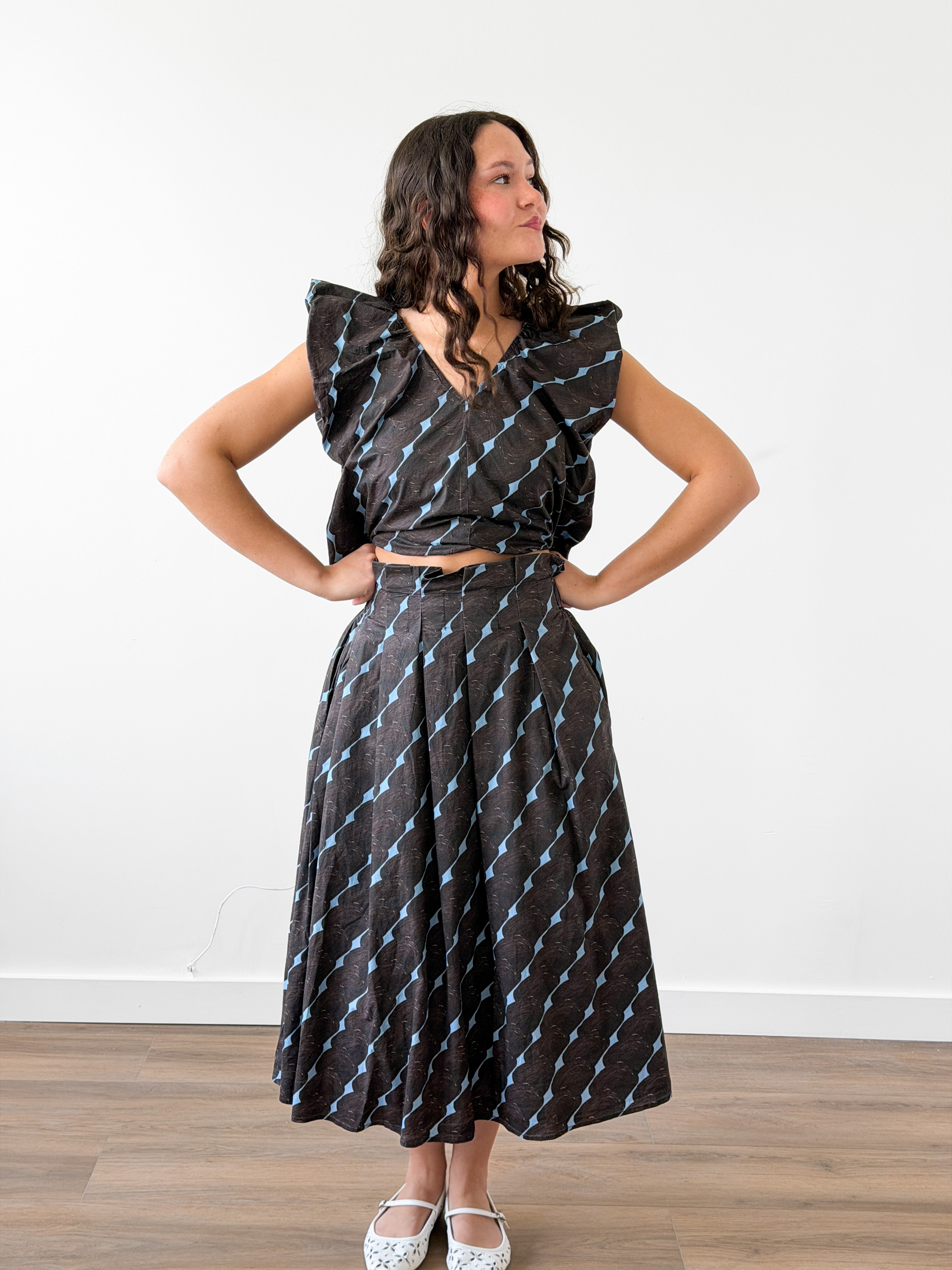 Colby Brown and Blue Print Shirred Midi Skirt