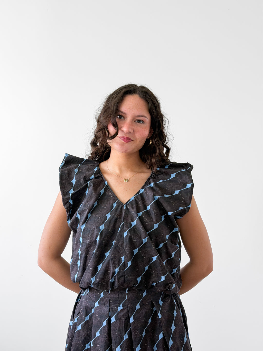 Colby Brown and Blue Print Short Sleeve Balloon Top