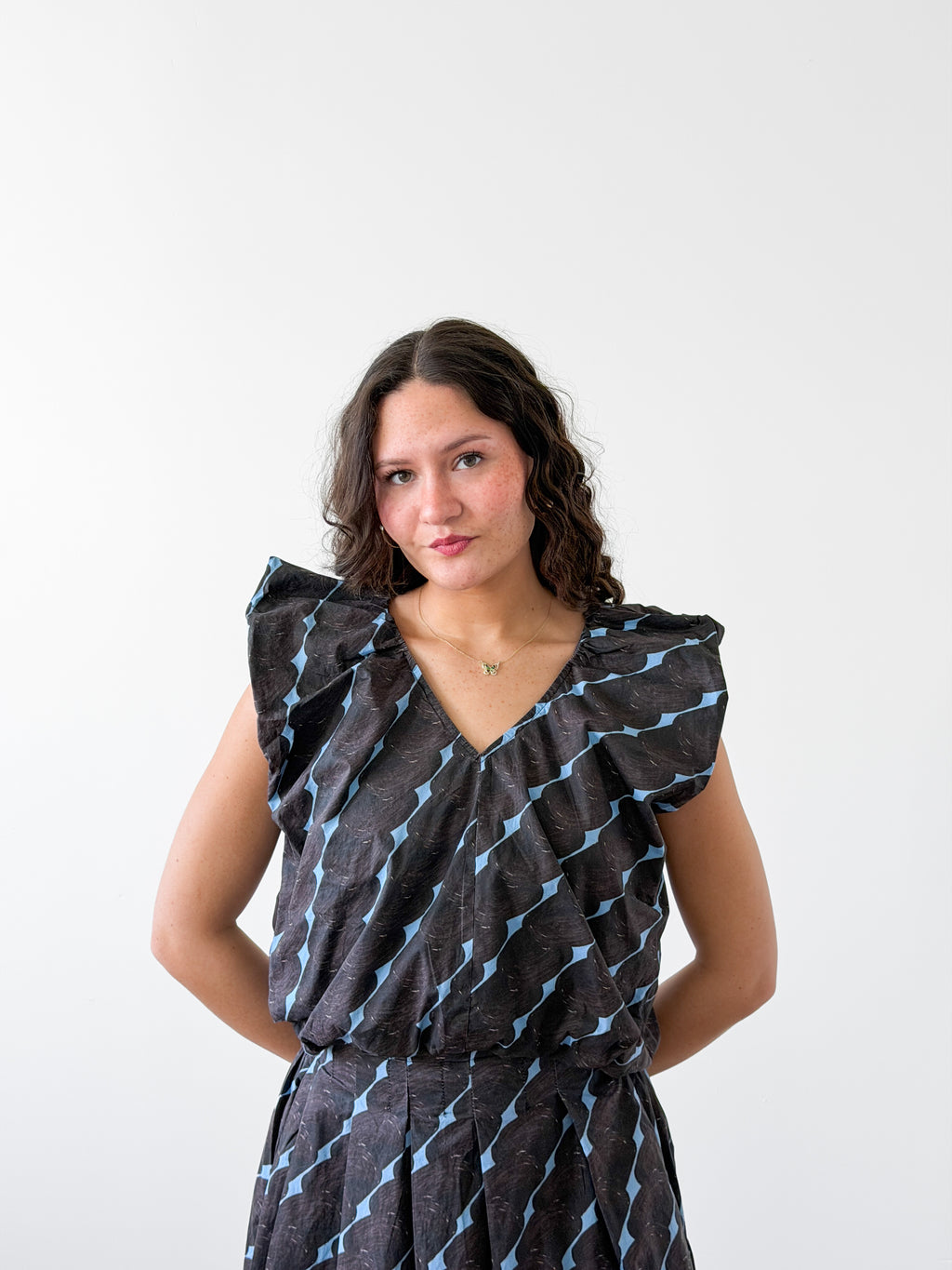 Colby Brown and Blue Print Short Sleeve Balloon Top
