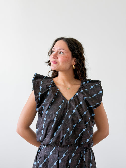 Colby Brown and Blue Print Short Sleeve Balloon Top