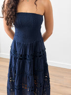 Clara Navy Eyelet Strapless Shirred Midi Dress