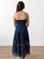 Clara Navy Eyelet Strapless Shirred Midi Dress