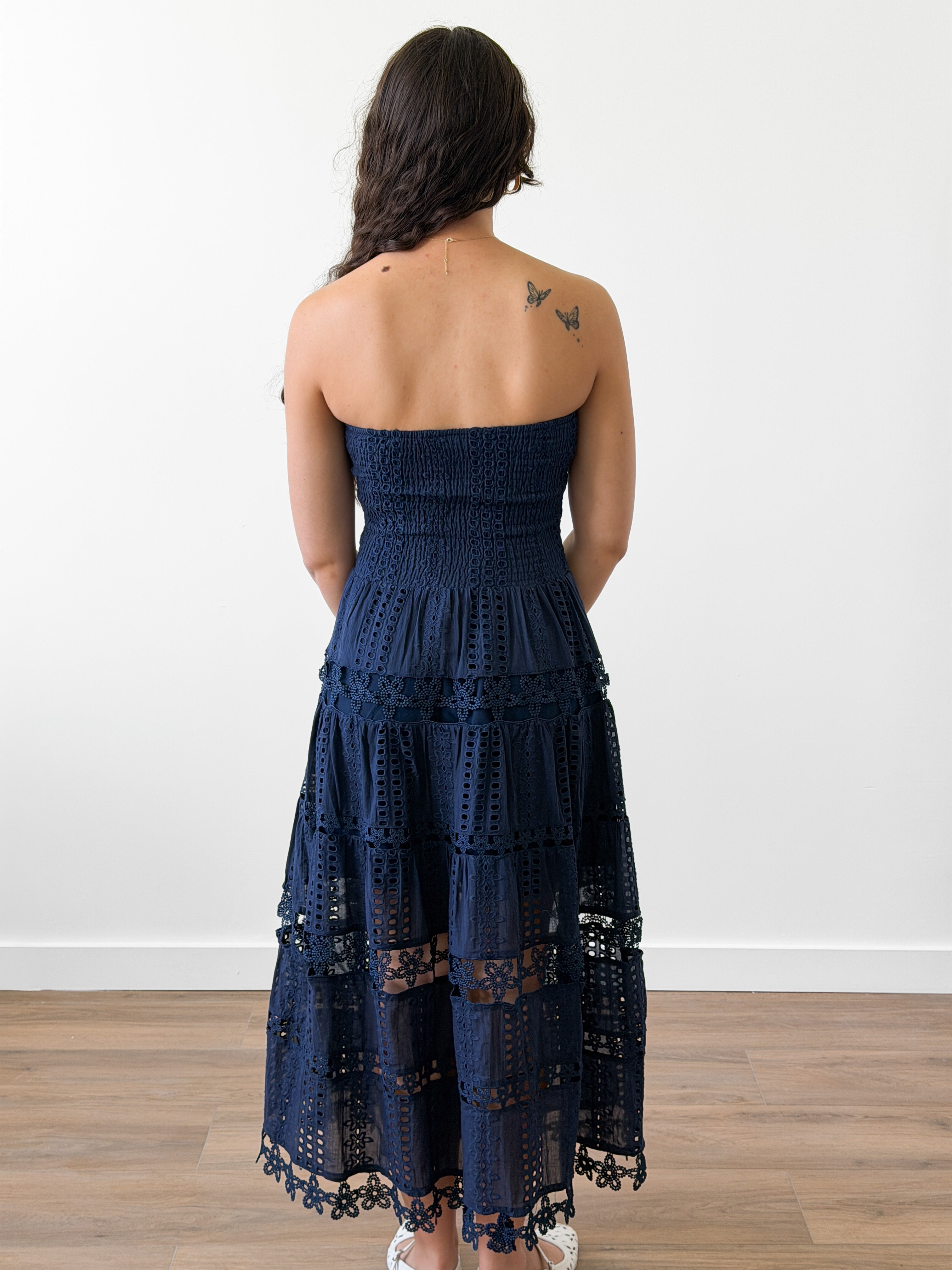Clara Navy Eyelet Strapless Shirred Midi Dress