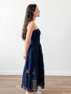 Clara Navy Eyelet Strapless Shirred Midi Dress