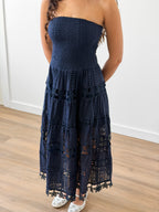 Clara Navy Eyelet Strapless Shirred Midi Dress
