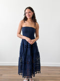 Clara Navy Eyelet Strapless Shirred Midi Dress