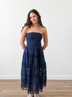 Clara Navy Eyelet Strapless Shirred Midi Dress