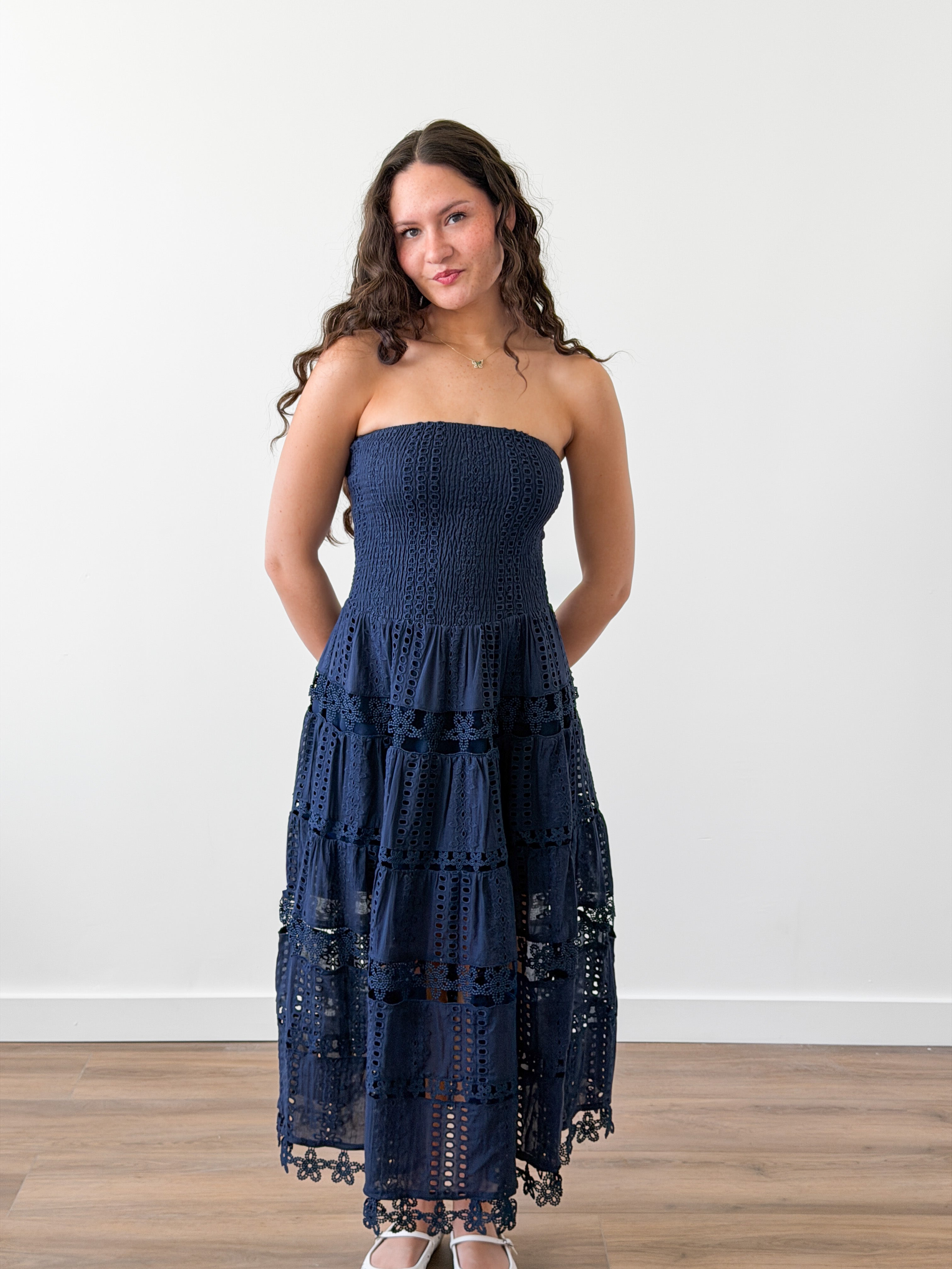 Clara Navy Eyelet Strapless Shirred Midi Dress