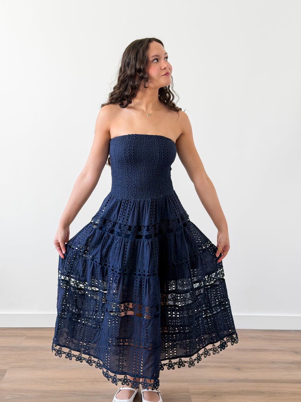 Clara Navy Eyelet Strapless Shirred Midi Dress