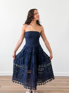 Clara Navy Eyelet Strapless Shirred Midi Dress