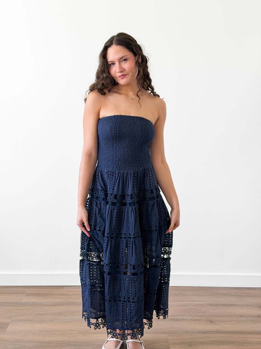 Clara Navy Eyelet Strapless Shirred Midi Dress