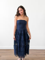 Clara Navy Eyelet Strapless Shirred Midi Dress