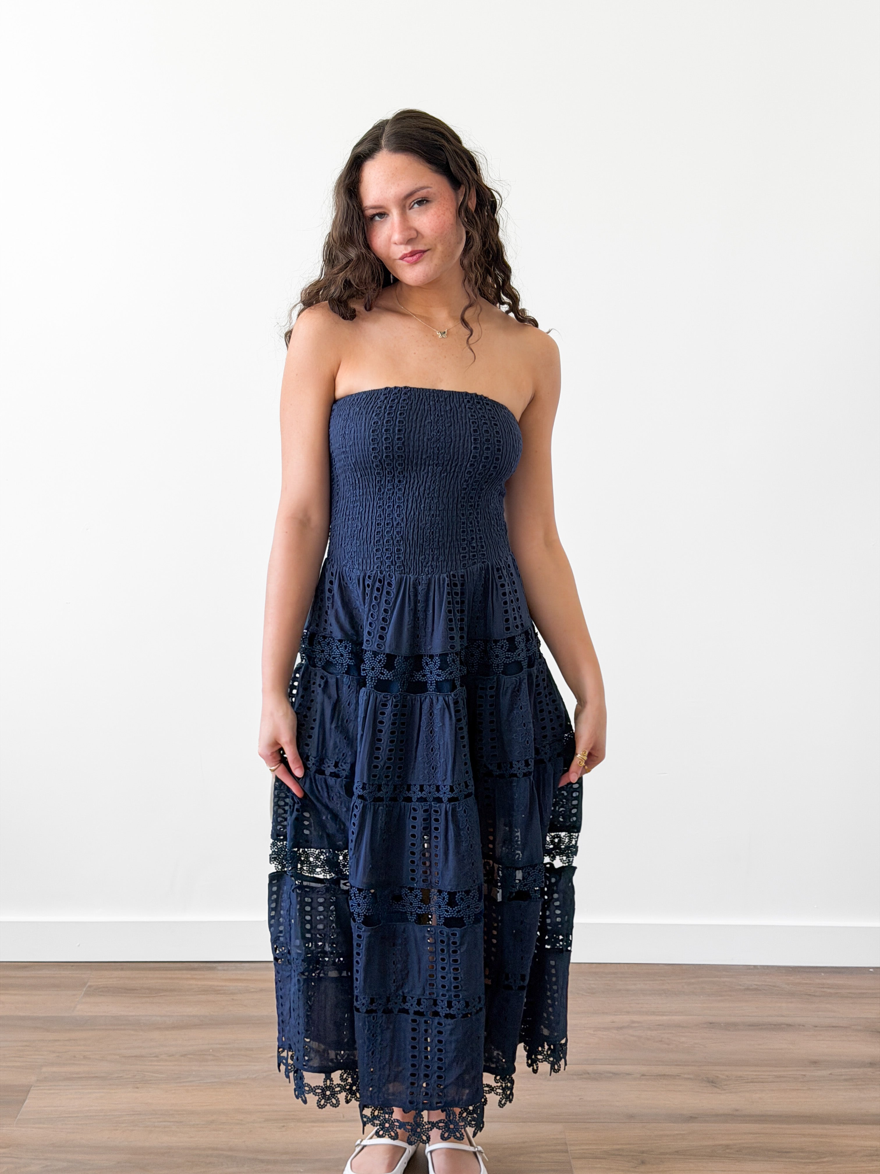 Clara Navy Eyelet Strapless Shirred Midi Dress