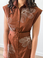 Casey Brown Floral Embroidered Belted Mini Dress