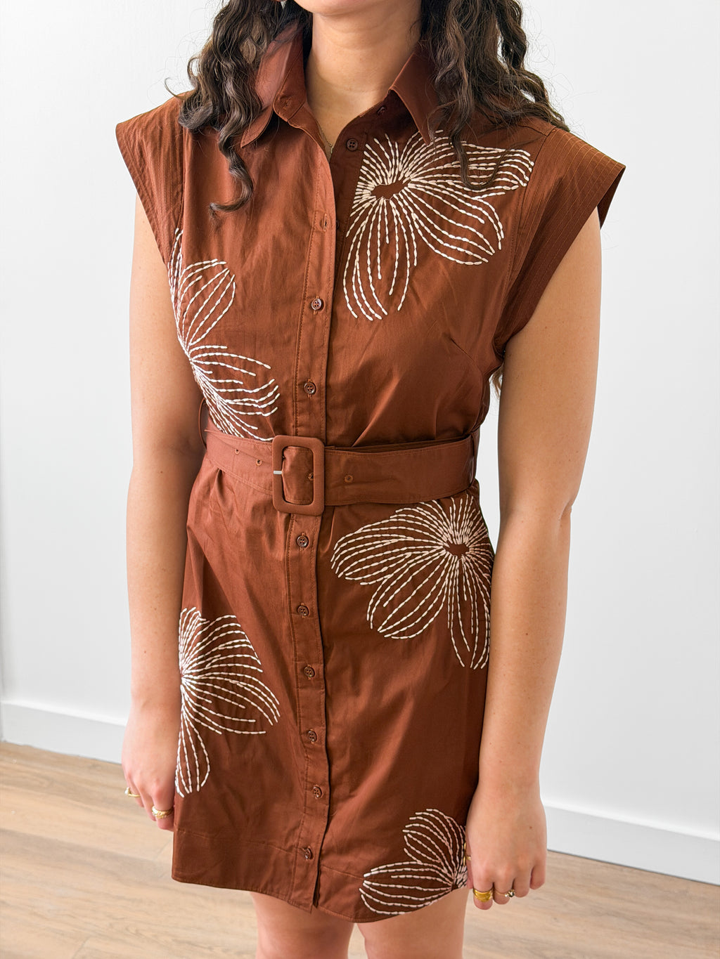 Casey Brown Floral Embroidered Belted Mini Dress