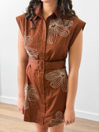 Casey Brown Floral Embroidered Belted Mini Dress