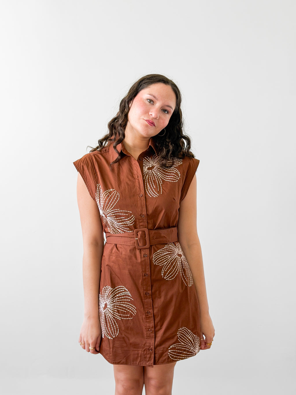 Casey Brown Floral Embroidered Belted Mini Dress