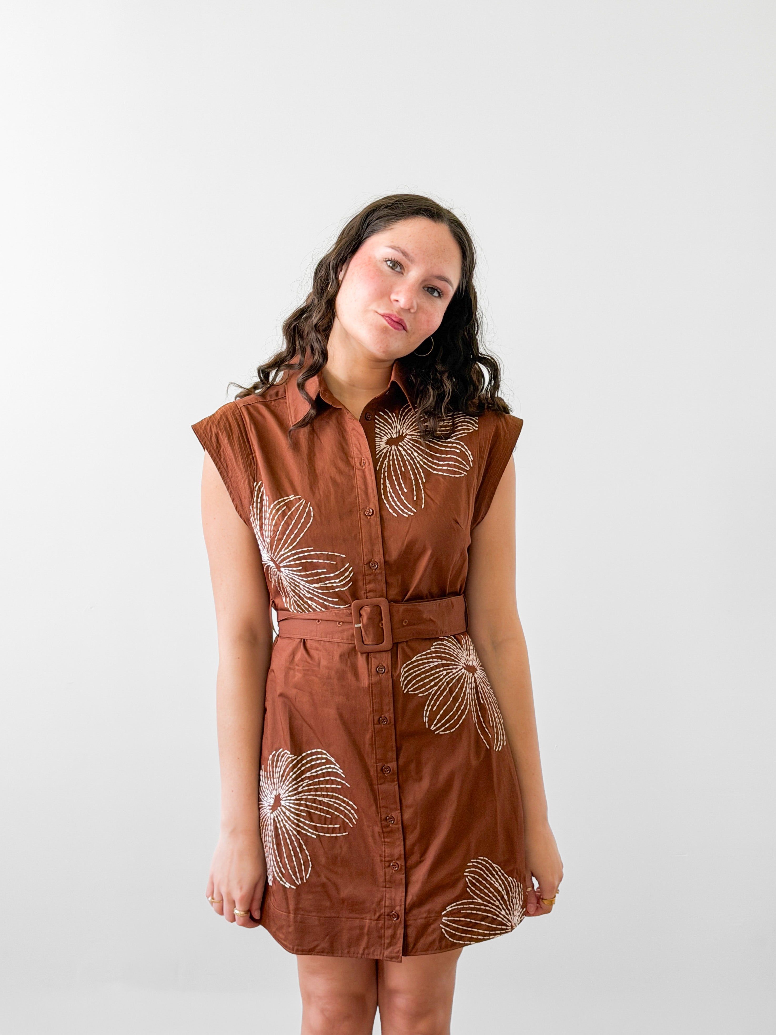 Casey Brown Floral Embroidered Belted Mini Dress