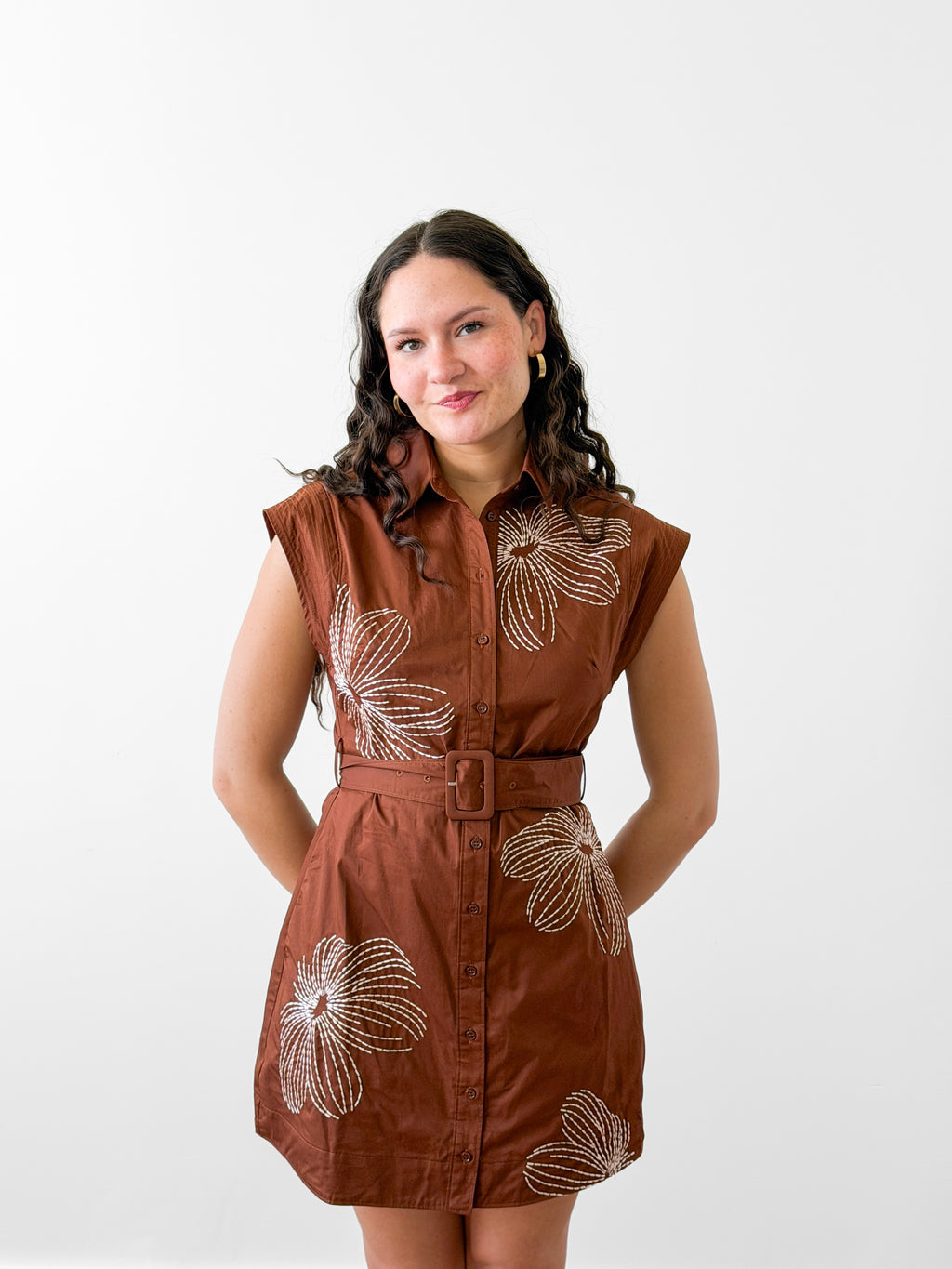 Casey Brown Floral Embroidered Belted Mini Dress