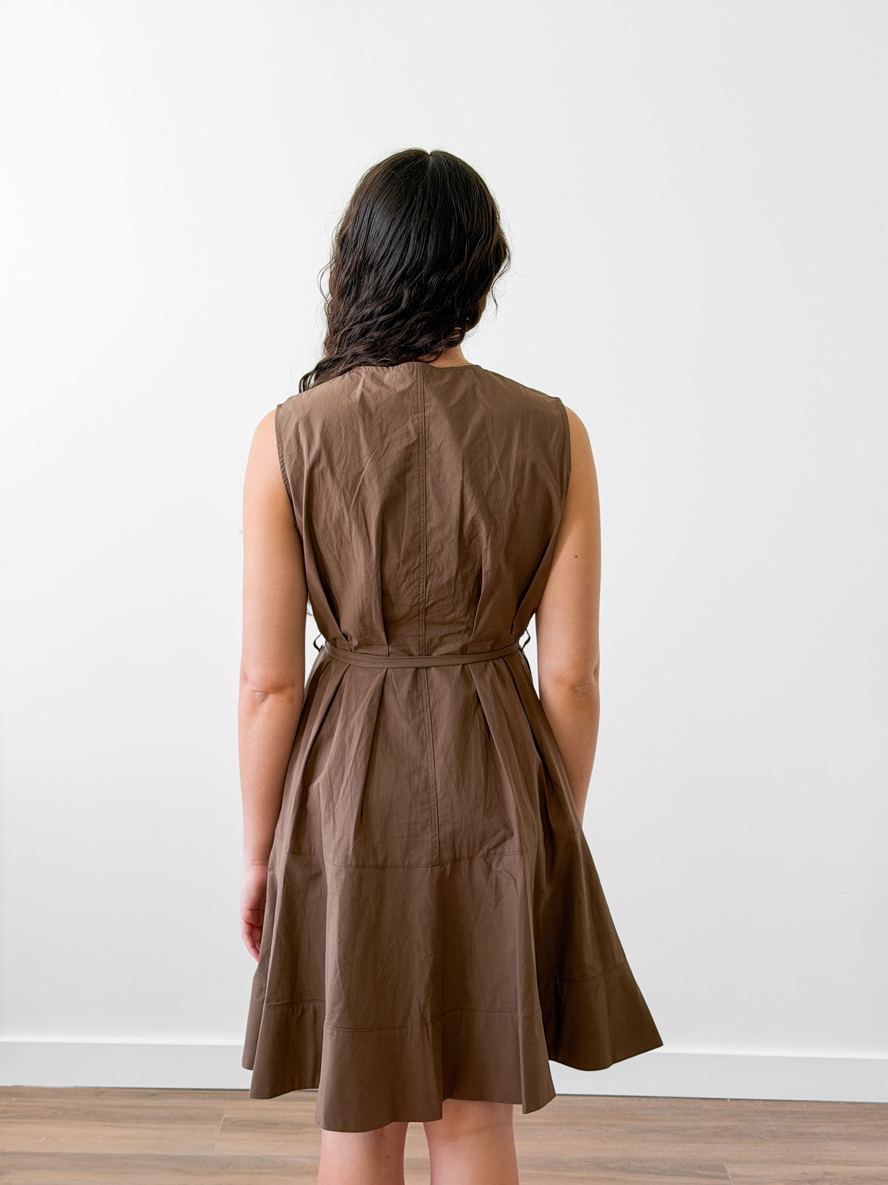 PINCH Cara Cotton Buttoned Tie Waist Tank Mini Dress (Brown)